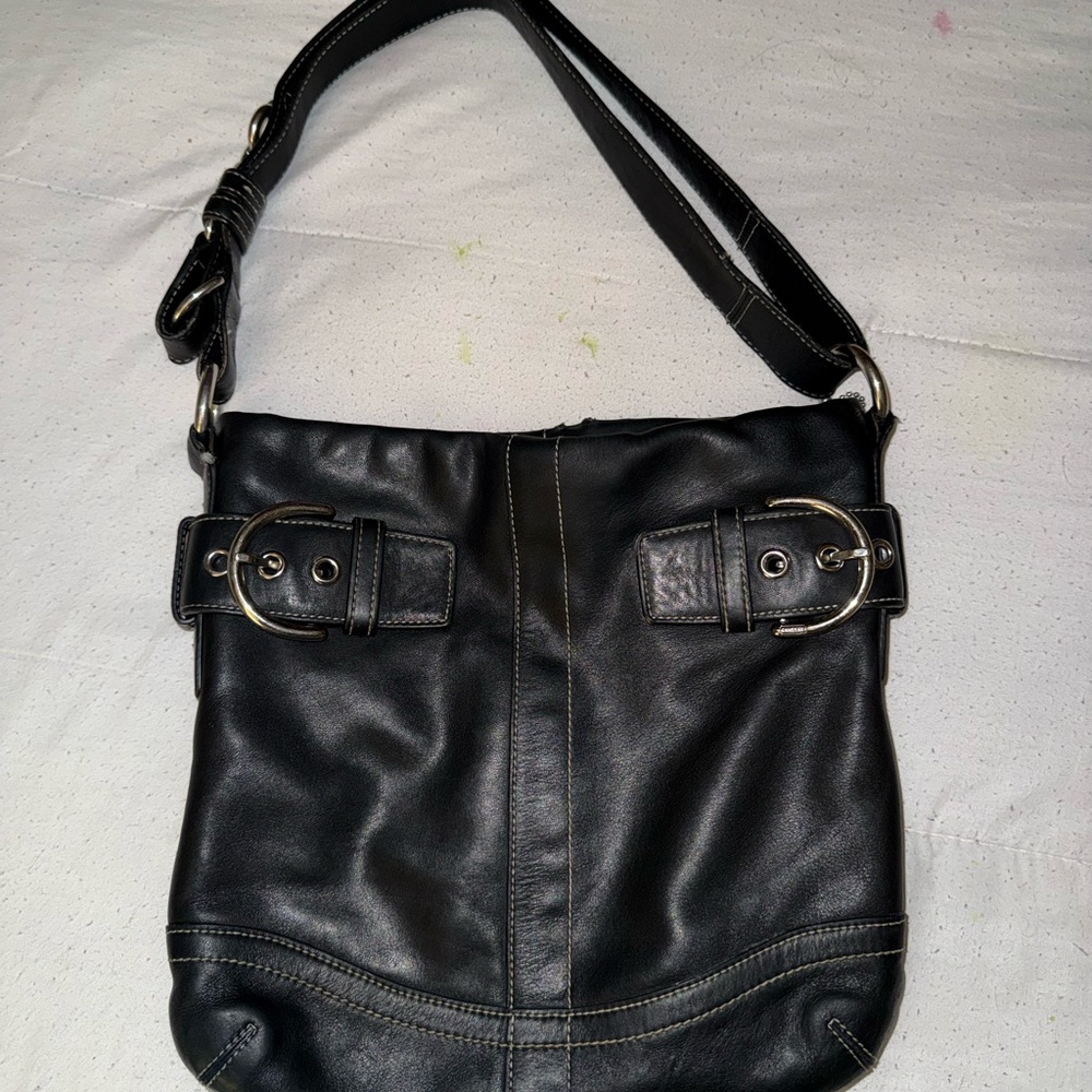 Coach Black Leather Shoulder Bag with Buckle Detail